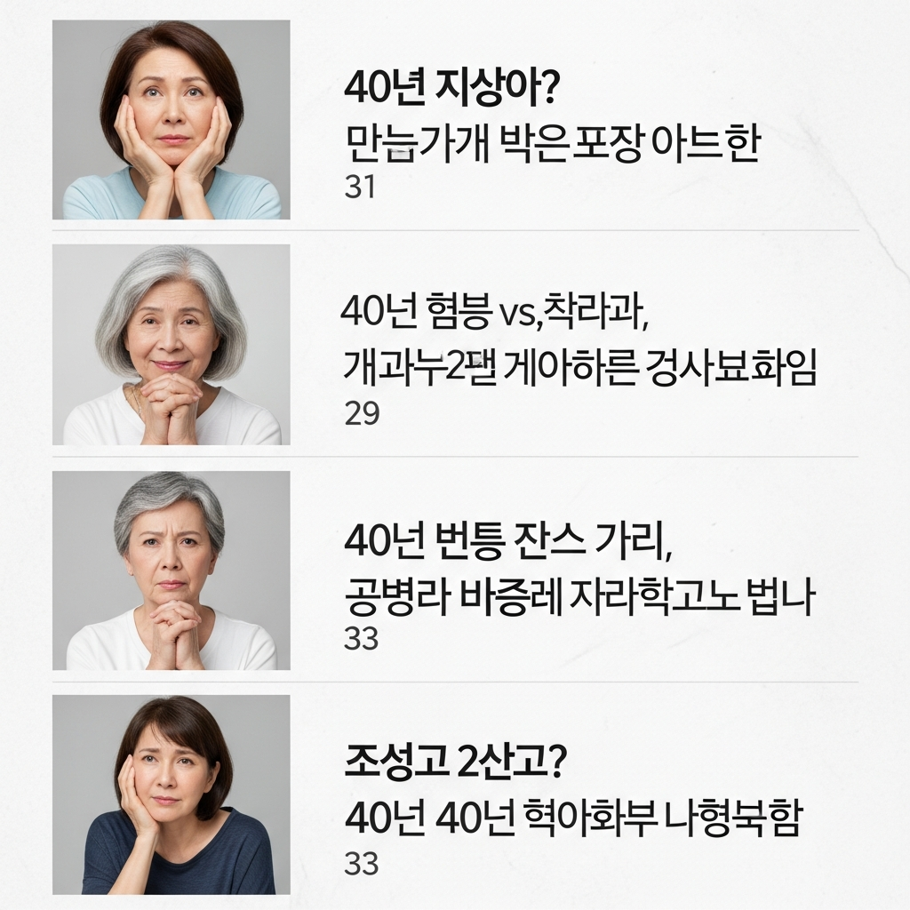 Illustration of 40대 독자층의 검색 의도와 고민을 정확히 반영하고, 과장 없이 현실적인 조언을 담은 블로그 제목 5개입니다. 각 제목은 35자 이내로 작성되었습니다. 1. **40대 이직 고민? 버티기 전 따져