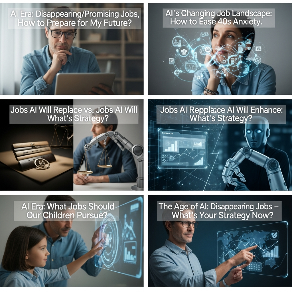 Illustration of 40대 일반인 독자를 위한 AI 시대 직업 관련 블로그 제목 5가지입니다. 1. **AI 시대 사라질/유망 직업, 나의 미래 준비는?** (26자) * *설명:* 직접적으로 핵심 주제를 제시하며,