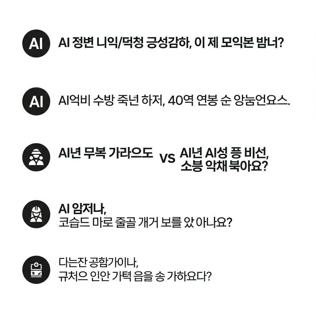 Illustration of 40대 일반인 독자를 위한 AI 시대 직업 관련 블로그 제목 5가지입니다. 1. **AI 시대 사라질/유망 직업, 나의 미래 준비는?** (26자) * *설명:* 직접적으로 핵심 주제를 제시하며,