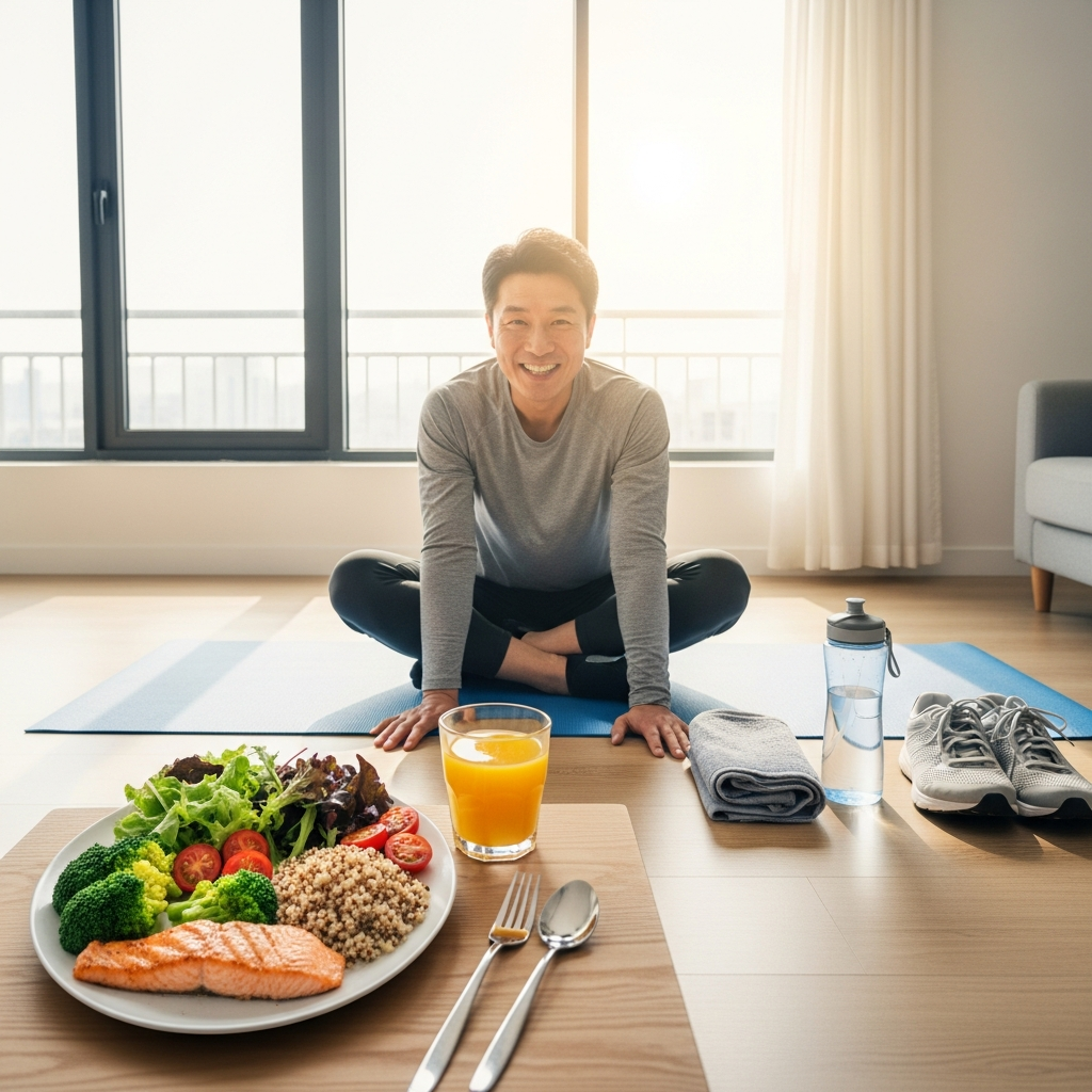 Illustration of 40대 피로 회복 식단 & 운동: 활력 되찾는 최고의 방법