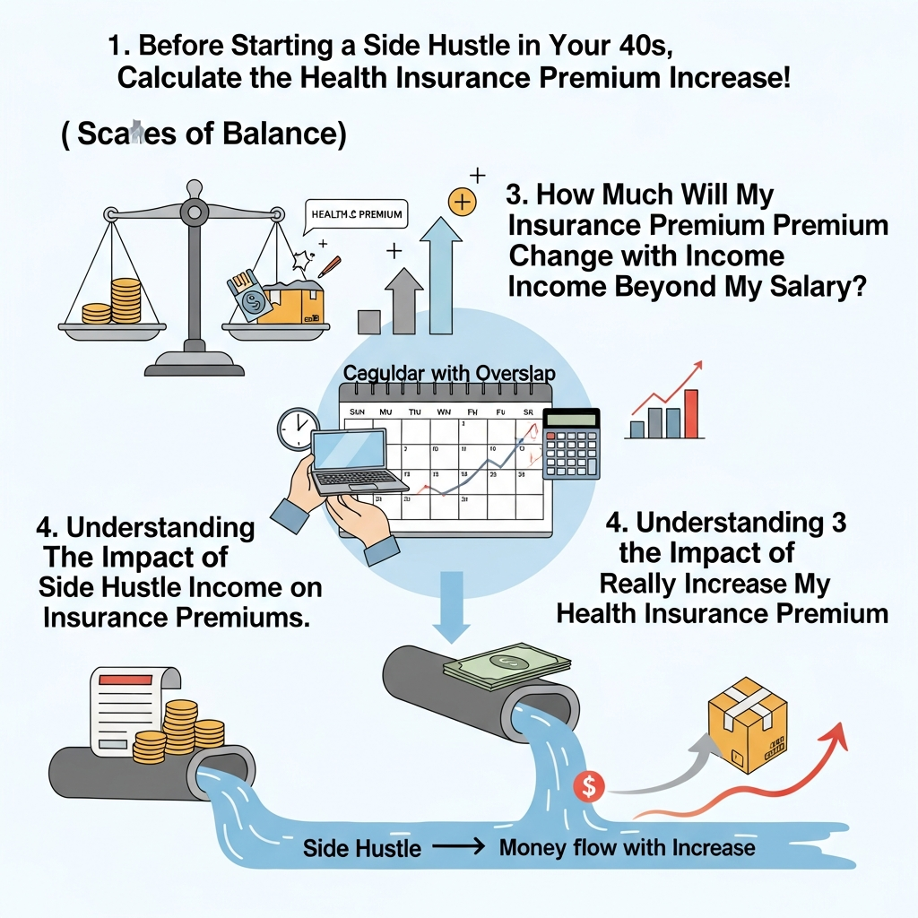 Illustration of 다음은 40대 일반인 독자를 위한 블로그 제목 5개입니다. 1. 40대 부업 시작 전, 건강보험료 인상 계산! 2. 부업 소득 생기면, 건강보험료 얼마나 오를까? 3. 월급 외 소득, 내 건강보험